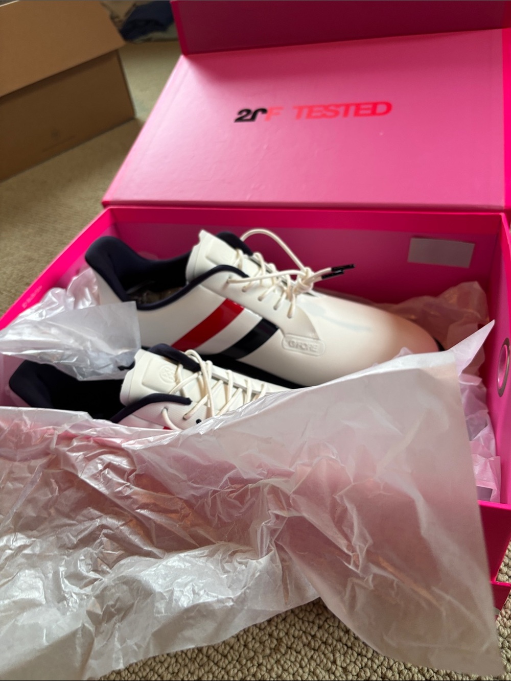 G/FORE White Golf Shoes with Red & Navy Stripes - Picture 2 of 4